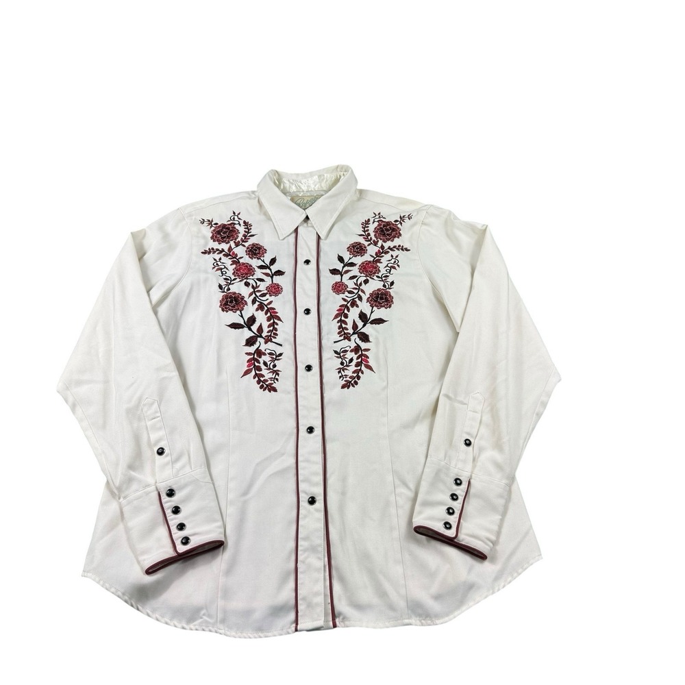 Roper White Western Embroidered Pearl Snap Shirt Womens XL Floral Bird Cowgirl